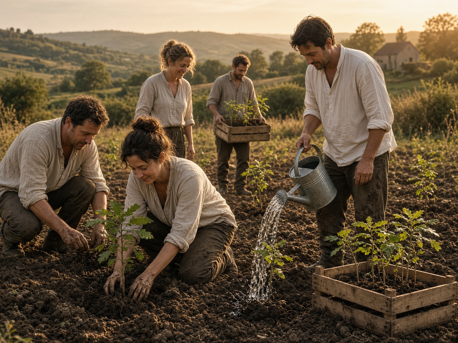 Personnes plantant de jeunes arbres dans un champ.